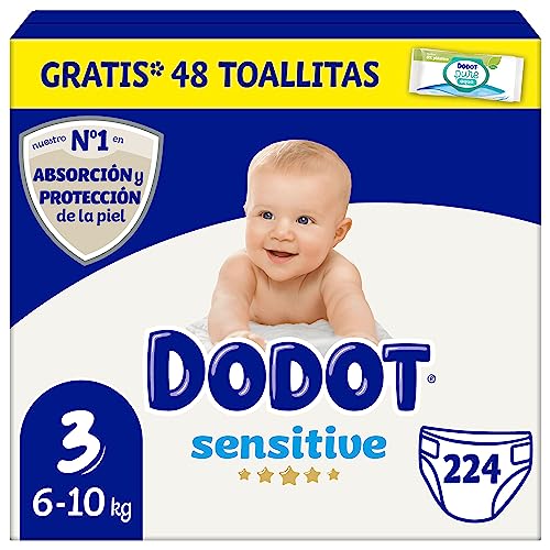 Dodot Pañales Bebé Sensitive Talla 3 (6-10 kg), 224 Pañales + 1 Pack de 40 Toallitas Gratis Cuidado Total Aqua, Óptima Protección de la Piel de Dodot, Pack Mensual