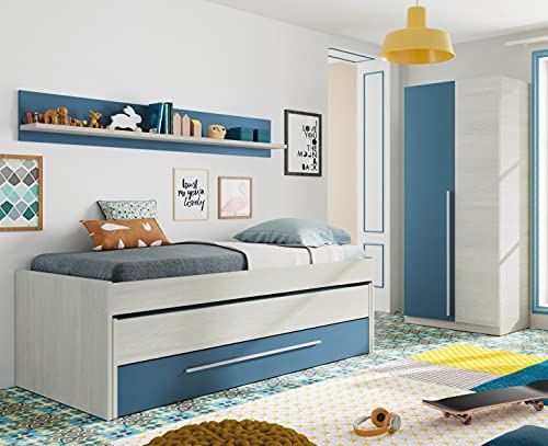 Miroytengo Pack Dormitorio Juvenil Infantil Color Azul y Blanco (Cama Nido + Armario + estantería) SOMIERES INCLUIDOS