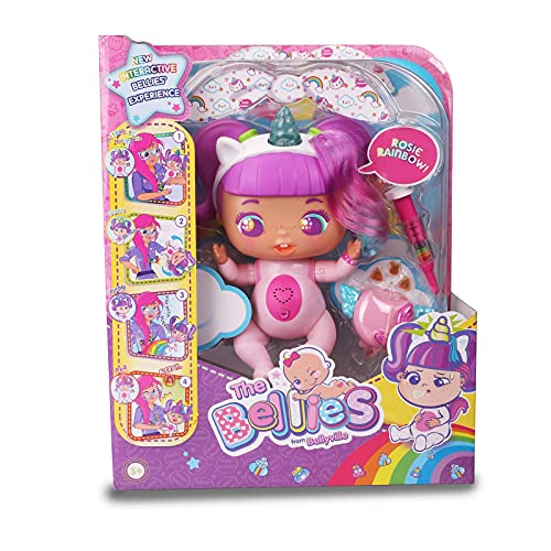 The Bellies from Bellyville - Rosie Rainbow!, muñeca interactiva grande big bellie, bebe unicornio cuerno y pelo rosa, con accesorio de vacuna, sonido y luz, niños desde 3 años, Famosa (700016632)