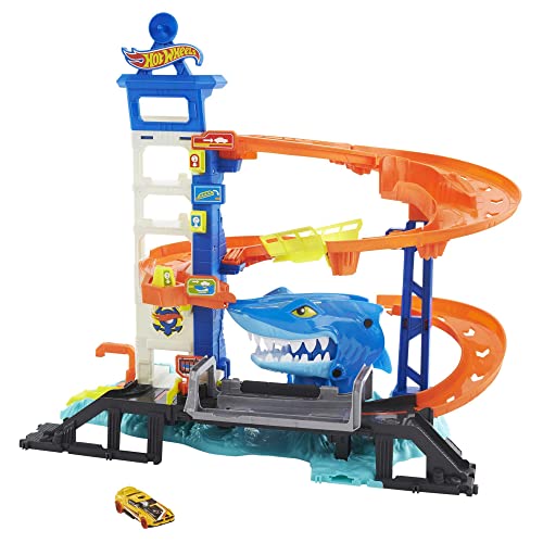 Hot Wheels City Mordisco del tiburón Pista para coches de juguete, incluye 1 vehículo die-cast, regalo +4 años (Mattel HDP06)