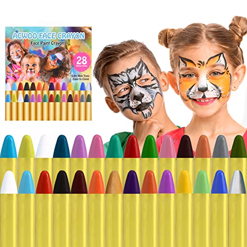 ACWOO Pintura de Cara para Niños, 28 Colores Seguridad No Tóxica Pintura Facial, Crayones de Maquillaje Ideal para Halloween Navidad Cosplay Fiesta y Party
