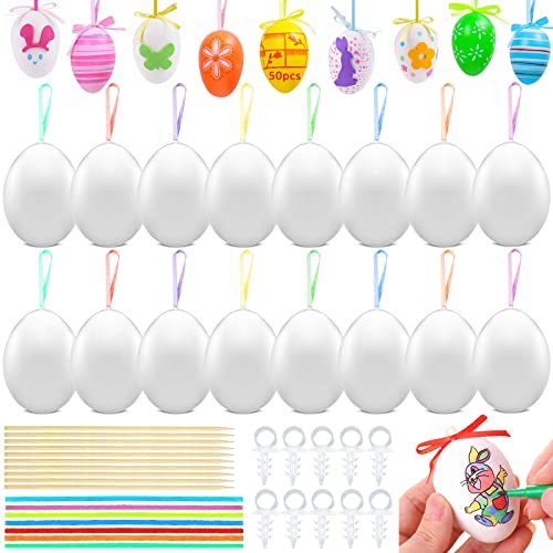 XINGGANG 50 Piezas Huevos de Pascua Decoración, Blancos Plásticos,Huevos de Pascua con Cuerda/para Pintar,Pintura Huevos Pascua,Huevos de Pascua para Manualidades/Pintura/Partido (Blancos)