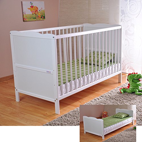 Cuna para bebé con colchón de espuma de aloe vera, rieles con protección dental, altura regulable, color blanco, cama infantil