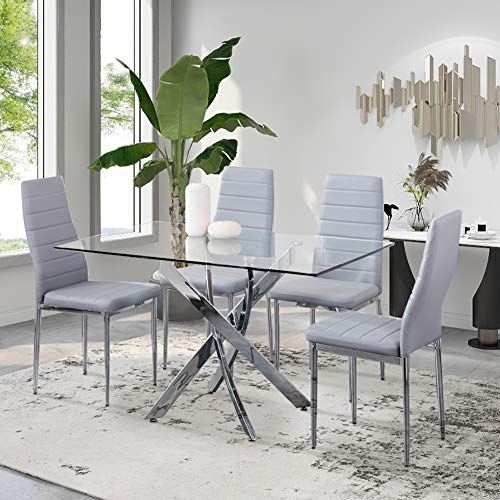 GOLDFAN - Mesa y 4 sillas, mesa de comedor rectangular, mesa de cocina de salón, mesa de cristal moderno, silla de piel, color gris