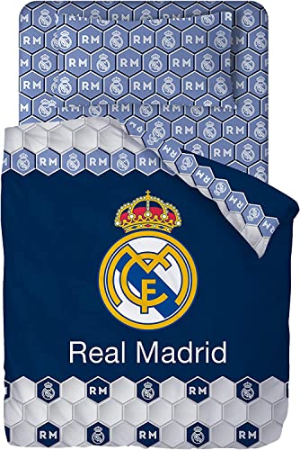 Real Madrid Juego de Sábanas 2021. Licencia Oficial Diseño Escudo Centrado Fondo Azul Marino. Cama de 90.