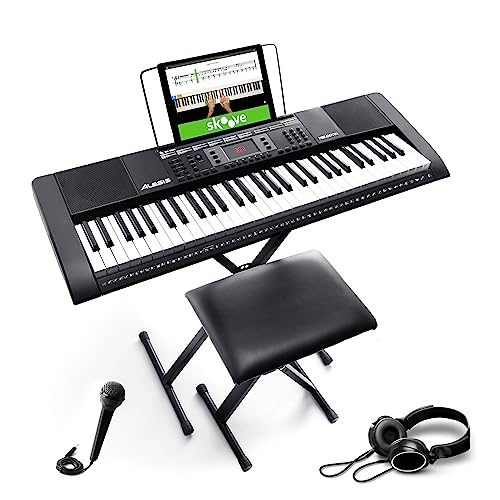Alesis Melody 61 - Teclado de piano electrico para principiantes con altavoces, soporte, banqueta, auriculares, micrófono, atril, 300 sonidos y lecciones de música