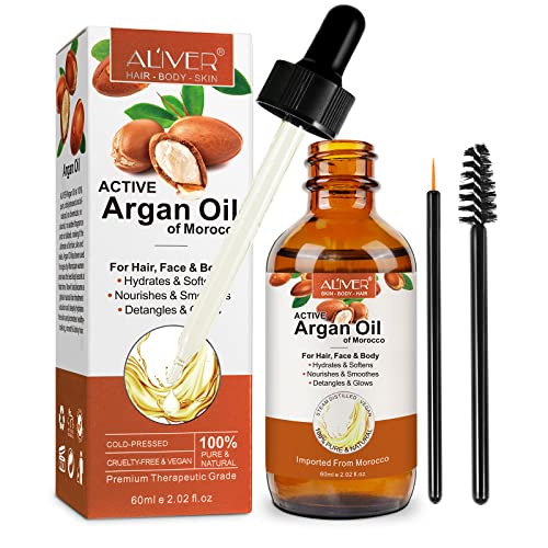 Aceite de Argán Para el Pelo 60ML Argan Oil Puro Rostro, Cuerpo, Cabello, Barba, Uñas - Vegano y Libre de Crueldad Natural y Prensado en Frío (Aceite de Argán)