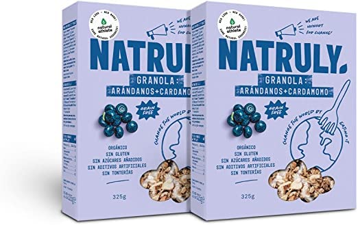 NATRULY Granola BIO Sin Azúcar Refinado, Sin Gluten, Solo Frutos Secos y Semillas, Sin Cereales, Sabor Arándanos - Pack 2x325g