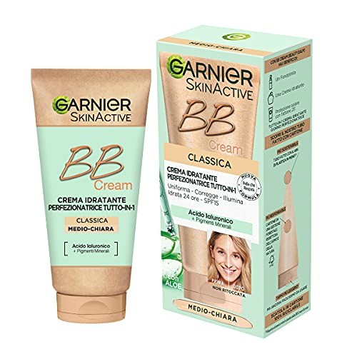 Garnier BB Cream Classic SkinActive, para piel uniforme e hidratada, aspecto natural, enriquecido con ácido hialurónico, aloe vera y pigmentos minerales, SPF 15, tono: medio-claro