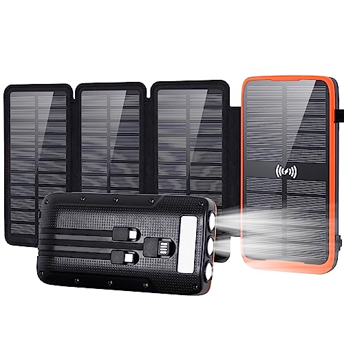 Horsdo Cargador Solar 30000mAh Batería Externa portátil con 2 Salidas USB, con 4 Panel Solar y Linterna LED,Bateria Solar Portatil Impermeable Al Aire Libre,para Smartphones Tabletas Cámping