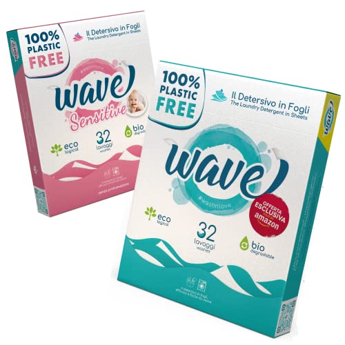 Wave Washing Family Pack – El Detergente en Hojas – 100% LIBRE DE PLÁSTICO – 64 lavados – Classic & Sensitive – Ecológico – Biodegradable – Compostable