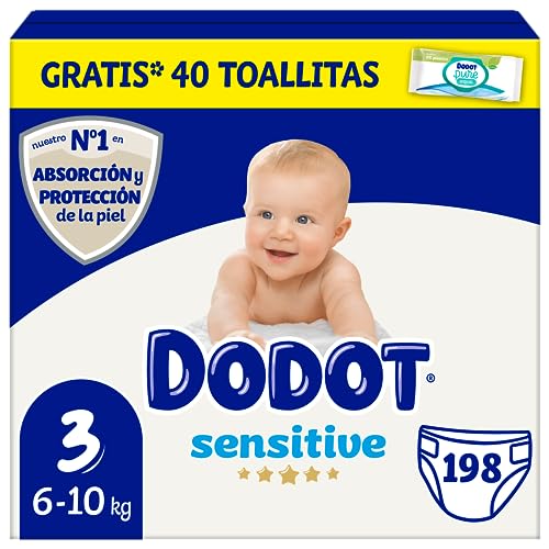 Dodot Pañales Bebé Sensitive Talla 3 (6-10 kg) 198 Pañales + Pack de 40 Toallitas Gratis Cuidado Total Aqua, Absorción y Protección de la Piel de Dodot, Pack Mensual