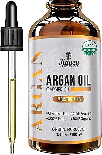 Kanzy Aceite de Argan Puro de Marruecos 100% Bio Morrocan Oil Rico en Vitamina E y Antioxidantes, Argan Oil para Cabello, Barba, Piel, Cuerpo y las Uñas en Botella de Vidrio