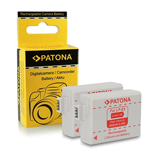 PATONA 2X Bateria LP-E5 Compatible con Canon EOS 1000D, 500D, 450D, Rebel XS, XSi, T1i, Kiss X3, X2, F