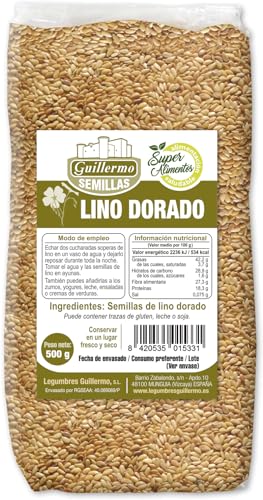 Guillermo | Semillas de lino dorado - Paquete 500 g. | Ácidos grasos Omega-3 y fibra | Reducción del colesterol