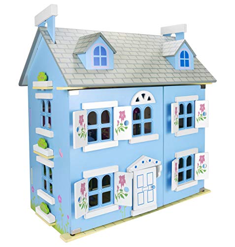 leomark Dream House Casa de Muñecas - de Madera con muñecas, Villa (60 cm - Altura), Equipo Completo, Accesorios adicionales (Azul)