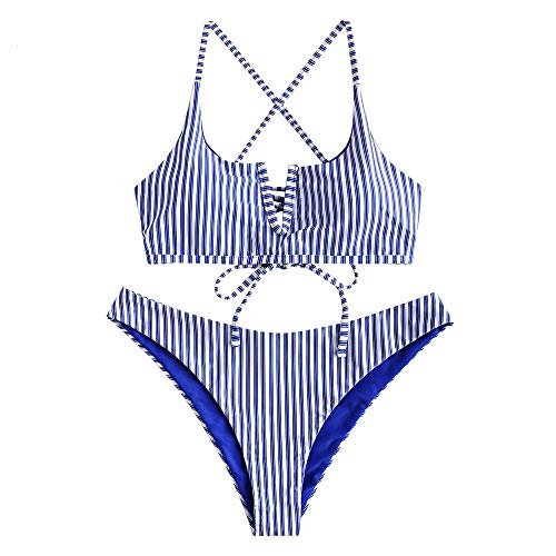 ZAFUL Mujer Bikini Conjunto,Bikini Sexy en Forma de V con Correa Delgada y Traje de Baño con Estampado de Rayas (Azul, S)