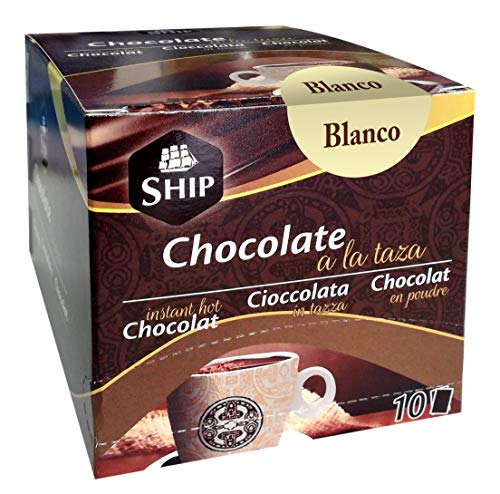 Ship - Chocolate a la Taza Blanco - Pack de 10 Sobres - Cacao Puro - Sin Cafeína - Original de España - Exento de Alérgenos - Alimento en Polvo