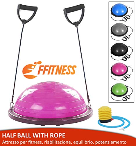 Balanza Half Ball (60 cm de diámetro). Pelota Hinchable de Media Bola. Fitness Trainer para Yoga, Pilates, Fisioterapia Funcional con elásticos, Asas y Bomba, Rosa