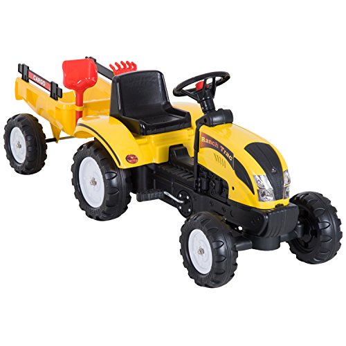 HOMCOM Tractor Pedal con Remolque para Niños 3 Años Juguete de Montar Coche de Pedales Carga 35 kg 133x42x51 cm Amarillo