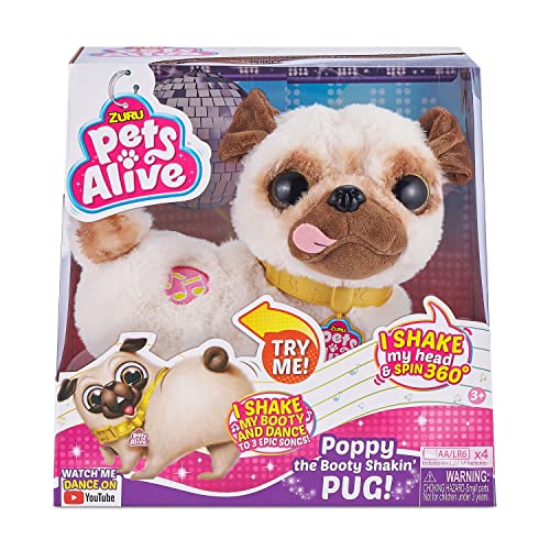 Zuru Pets Alive 9521 - Poppy The Booty Shakin Pug, Pug de Felpa, Mueve la Cabeza y el Trasero y Gira, Toca 3 Bonitas Canciones