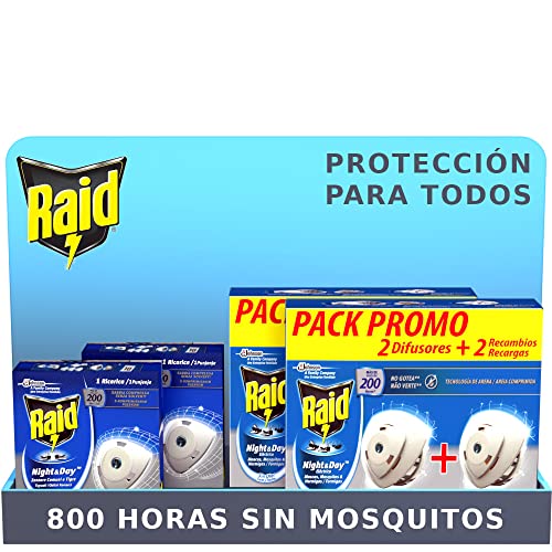Raid Night & Day - Pack de 4 Aparatos + 6 Recambios, insecticida electrico Anti Moscas, Mosquitos y Hormigas, Enchufe inoloro con más de 800 Horas de protección