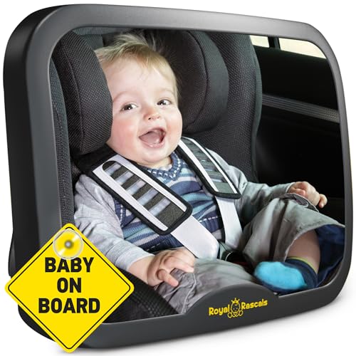 ROYAL RASCALS | Espejo para vigilar al bebé en el coche | Espejo retrovisor para asiento de niños orientado hacia atrás | NEGRO | Inastillable | PRODUCTO PREMIUM | Señal de Baby on Board GRATIS