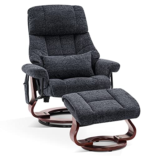 M MCombo Sillón de relax con taburete, giratorio para televisión con función reclinable, moderna silla de TV para salón, con cojín y bolsillo lateral, sin función de masaje, tela, 9066 (gris oscuro)
