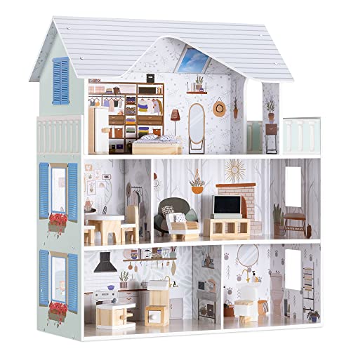 Navaris Casa de muñecas de Madera - Casita con Muebles en Miniatura para niños y niñas +3 años - con 3 Pisos 5 Habitaciones - 69,5 x 62 x 27 cm