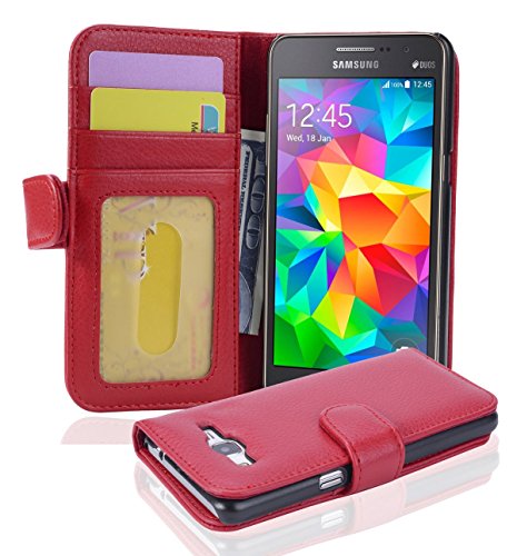 Cadorabo Funda Libro para Samsung Galaxy Grand Prime en Rojo Infierno - Cubierta Proteccíon con Cierre Magnético e 3 Tarjeteros - Etui Case Cover Carcasa