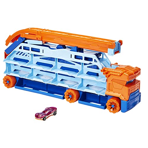 Hot Wheels City Camión-pista transporta coches, pista para coches de juguete con lanzamiento aéreo, incluye 1 vehículo (Mattel HDY92)