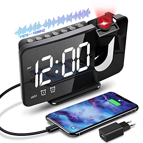 Anykuu Despertador Proyector Función de Radio FM Reloj Despertador Digital con Puerto USB 6.7' Pantalla LED Brillo de 3 Niveles Reloj Proyección Alarmas Dobles y Snooze para Casa Dormitorio Oficina
