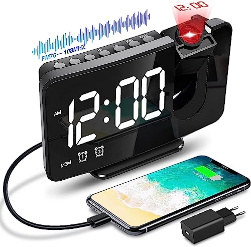 Anykuu Despertador Proyector 180 °Giratorio Función de Radio FM Reloj Despertador Digital Puerto USB 6.7' Pantalla LED Brillo de 3 Niveles Proyección Alarmas Dobles para Casa Dormitorio Oficina