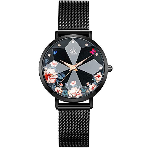 SHENGKE Estrella Reloj de Pulsera para Mujer, Correa de Malla, Elegante, para Mujer, Estilo Simplicidad,Flores(Flower-Mesh Band-Black)
