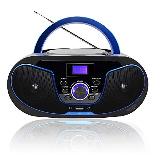LONPOO Reproductor de CD portátil Boombox - Audio estéreo, con reproductor de CD, radio FM, Bluetooth, USB, entrada AUX, audio doméstico compacto, CD, CA o alimentado por batería