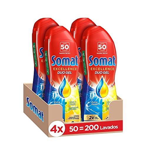 Somat Excellence Gel Lima y Limón 50 Dosis (pack de 4, total: 200 lavados), detergente desengrasante, lavavajillas líquido automático en botella, jabón para platos que elimina la suciedad incrustada