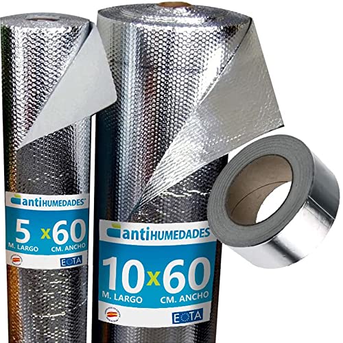 Aislante Térmico Reflexivo de Aluminio (10 x 0,6 m) + Cinta Aluminio (10m) - Aislamiento de cajas de persianas, radiadores, paredes, vehículos, remolques, techos, garajes