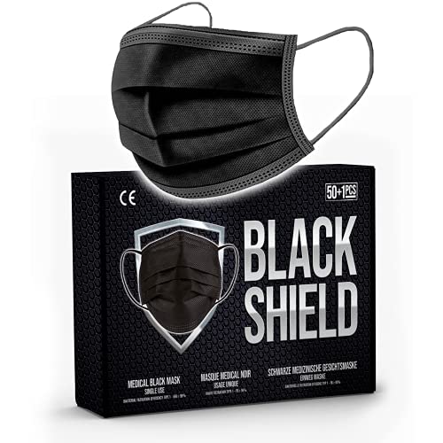 BLACK SHIELD - 51 unidades - Mascarilla Quirúrgica Tipo I Negra - Certificación CE - 3 capas - Filtración BFE  95%.