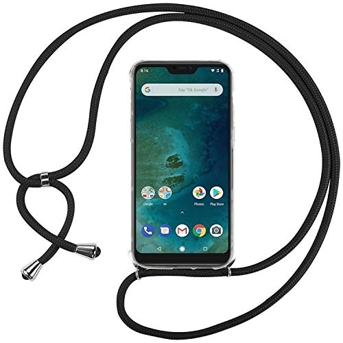 Ingen Funda con Cuerda para Xiaomi Mi A2 Lite - Carcasa Transparente TPU Suave Silicona Case con Colgante - Negro