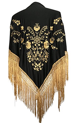 LA SEÑORITA Mantón de Manila Negro con bordados Oro, Mantones de Flamenca para el Vestido de Feria, Sevillana o Flamenca. [160 x 80 cm] Tamaño Ideal para Mujer