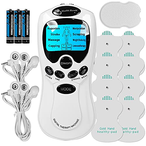Electroestimulador Digital Portatil, 8 Modos Masaje Estimulador Muscular Masajeador Electro, 8 Autoadhesivos Electrodos Pantalla LCD Azul Estimulación Electroterapia Relajación Para Espalda, Rodilla