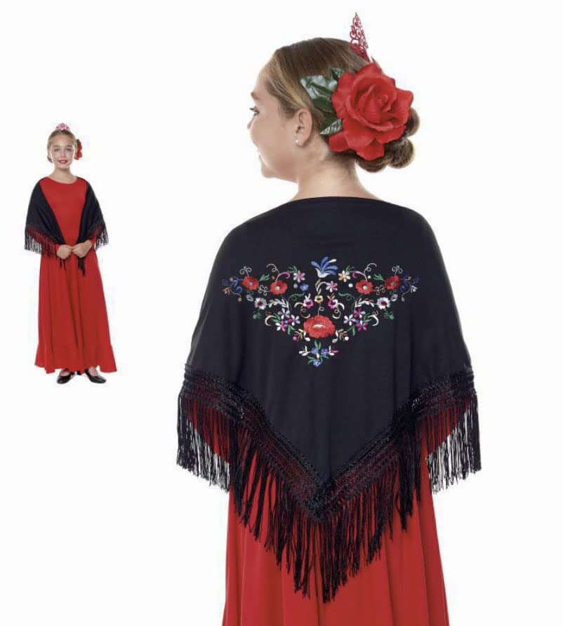 Mantón de Manila bordado de flor colores liso para mujer niña, Manton de Flamenco para el Vestido de Feria, Sevillana o Flamenca (Negro flor pequeña)