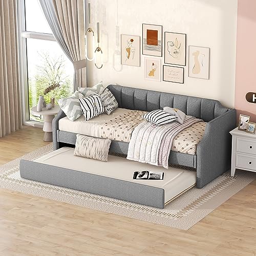 Dolamaní Cama tapizada 90 x 200 (190) cm con somier, cama individual acolchada con cama plegable, cama funcional, sofá cama, cama de invitados, cama litera (individual, gris)