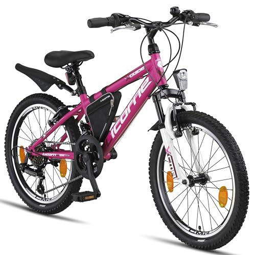Licorne Bike Guide Bicicleta de montaña de 20 Pulgadas, Cambio de 18 velocidades, suspensión de Horquilla, Bicicleta Infantil, para niños y niñas,Bolsa para Cuadro,Rosa/Blanco