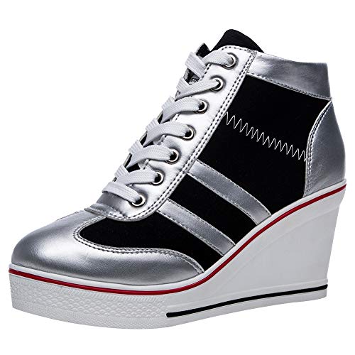 rismart Mujer Tenis de Lona con Tacon Cuña Zapatillas Sneakers Plataforma Alta Altos Zapatos SN02513(Plateado,38 EU)