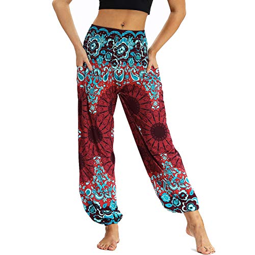 Nuofengkudu Mujer Pantalones Harem Tailandes Hippies Vintage Boho Flores Verano Alta Cintura Elastica Casual Danza Yoga Pants Bombachos Vino Tinto Floral
