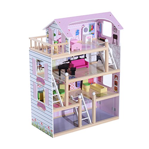 HOMCOM Casa de Muñecas con Muebles de 4 Niveles Altura 80,5 cm con 13 Accesorios Mobiliario Casita Muñeca Jueguetes de Madera 60,5x30x80,5 cm Rosa