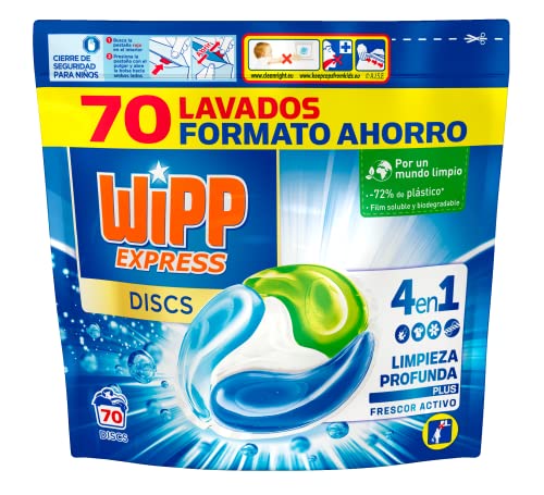 Wipp Express DISCS 4 en 1, Limpieza Profunda Plus, Detergente en Cápsulas para Lavadora, 70 Discos