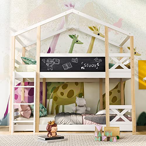 Moimhear Cama infantil con escalera de 90 x 200 cm, cama alta para niños, 2 somieres, color natural y blanco
