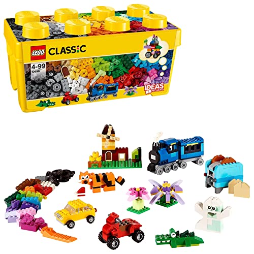 LEGO 10696 Classic Caja de Ladrillos Creativos Mediana, Juegos de Construcción para Niños y Niñas de 4 Años o Más, Base Verde, Coches y Animales de Juguete, Fácil Almacenaje, Idea de Regalo